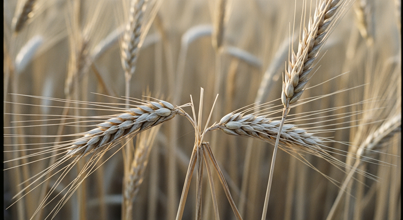 Close-up of dry grain stalks bending in soft light, a few broken stems among the standing ones