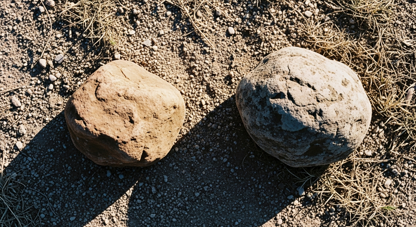 Two dry stones on barren soil, placed close together but not touching, one in warm light one in shadow