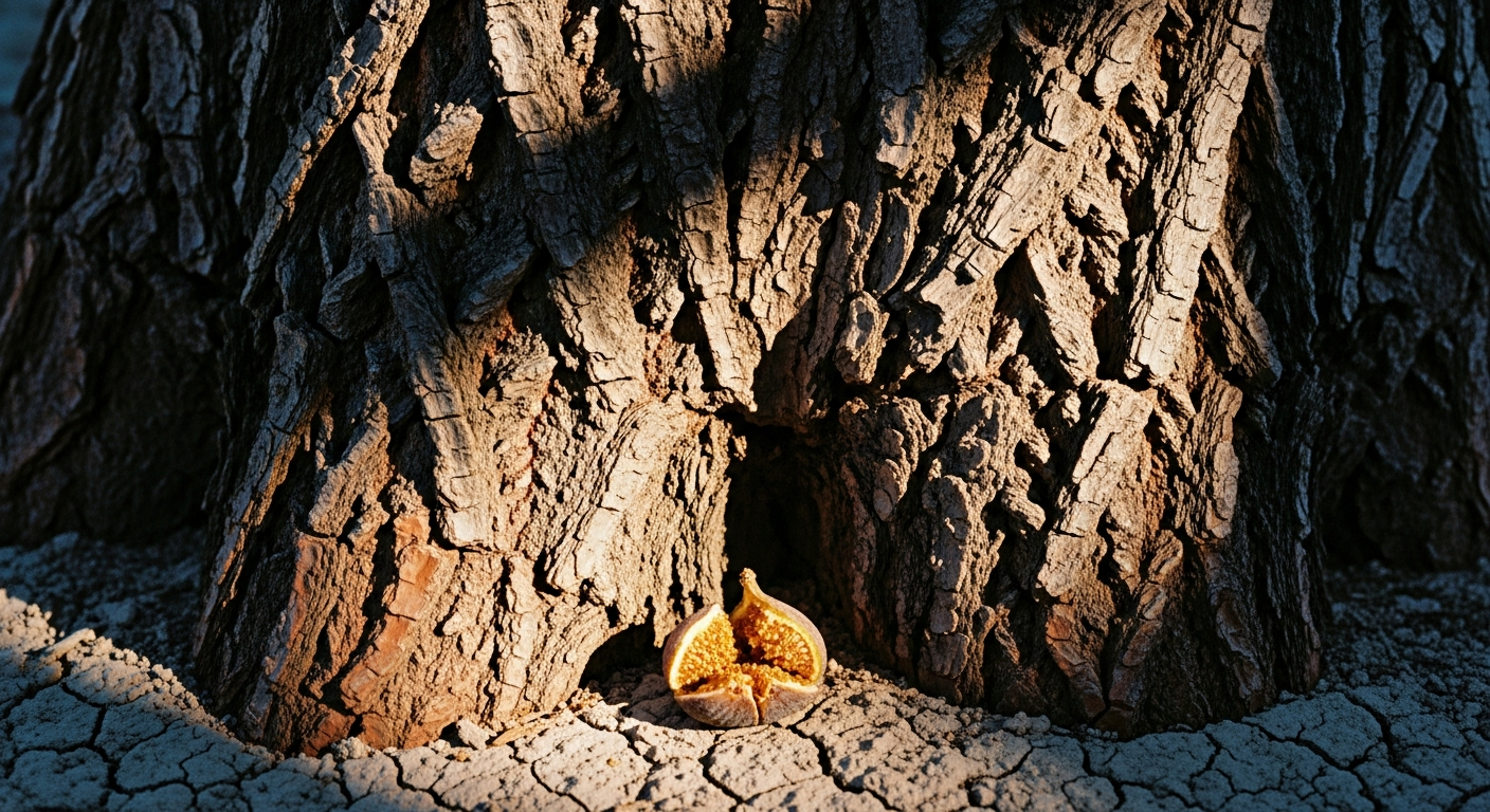 Close-up of rough tree bark with a small dried fig fallen and split open at the base, raking morning light