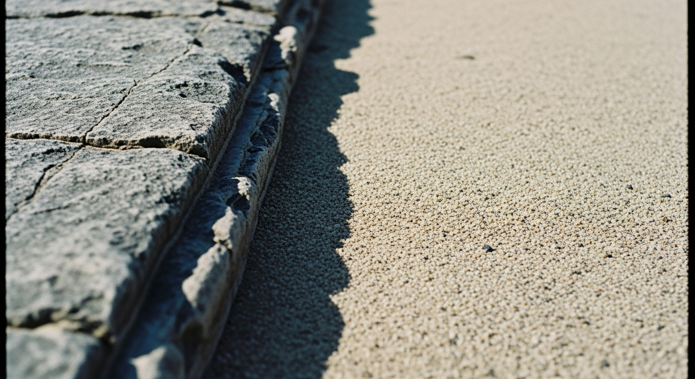 A split frame showing rough bedrock on one side and loose dry sand on the other, a line of shadow between them