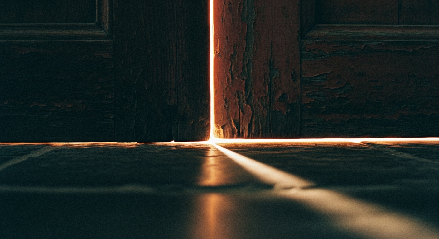 A heavy stone threshold with light coming through a gap beneath a closed door, the gap barely wide enough for the light