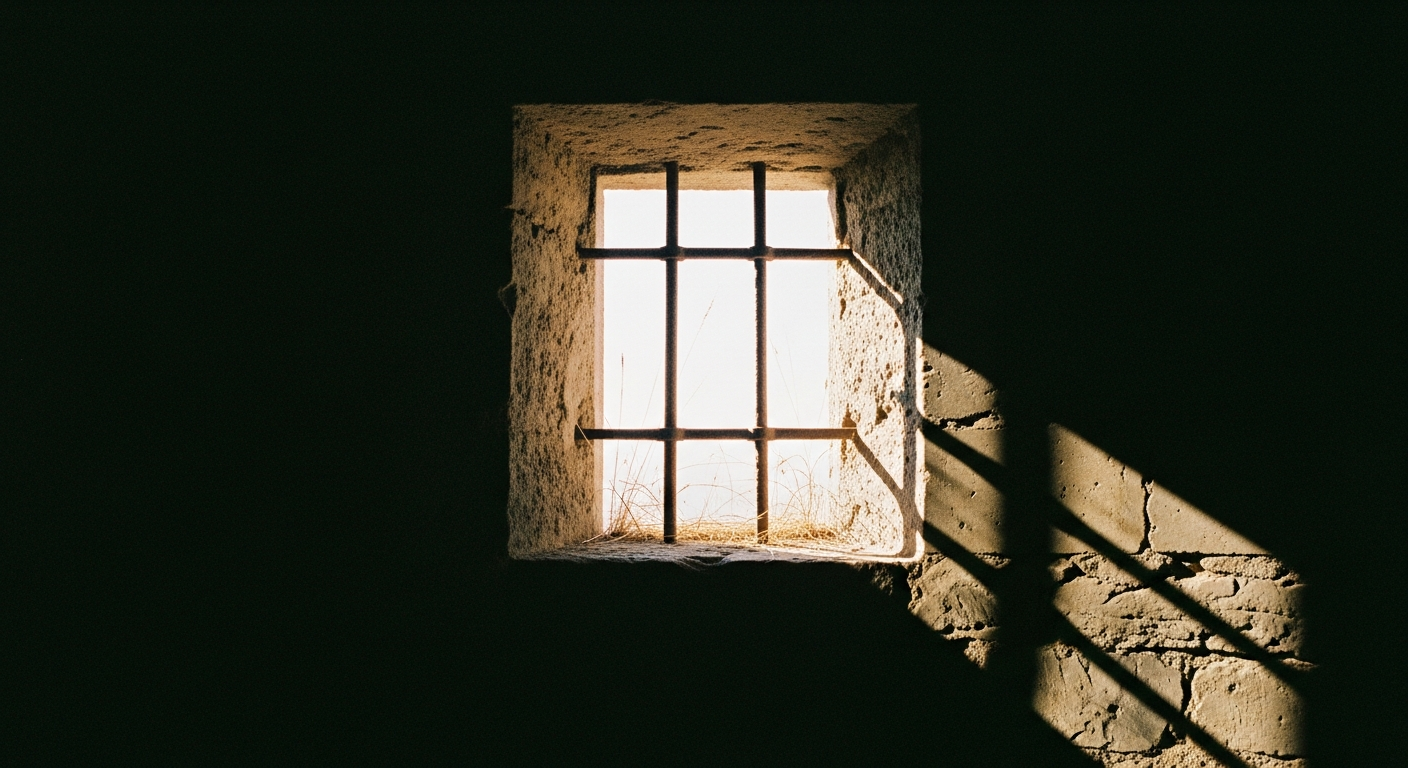 A small barred window high in a stone wall, a slant of light crossing through it into a dark stone interior