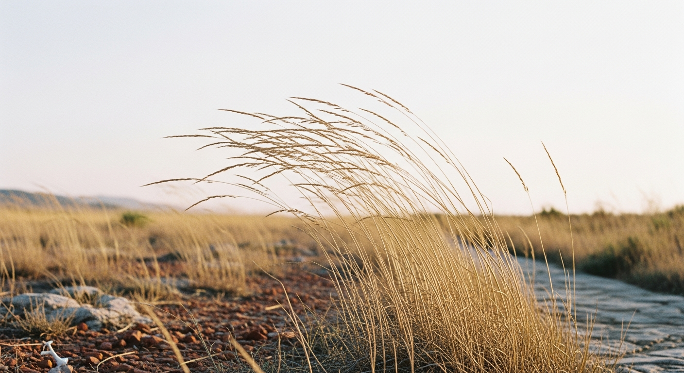 Desert grass at the edge of a stone path, bent dramatically by wind, the path continuing into haze