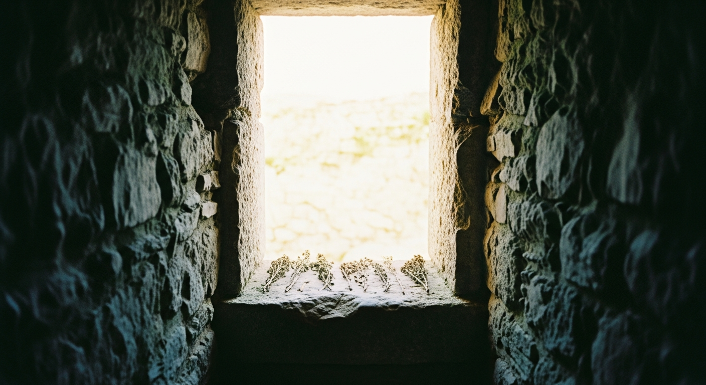 A narrow stone gate opening in a thick wall, the passage between dark interior and bright exterior, dry herbs laid across the threshold