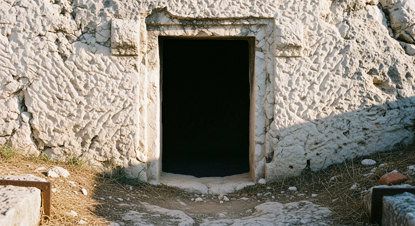The entrance to an ancient tomb cut into rock face, the opening dark against pale stone, broken chains on the ground outside
