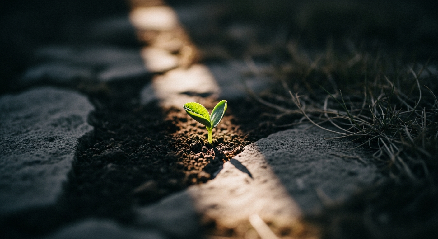 A single green seedling growing from dark rich soil in a shaft of light, the surrounding soil still bare