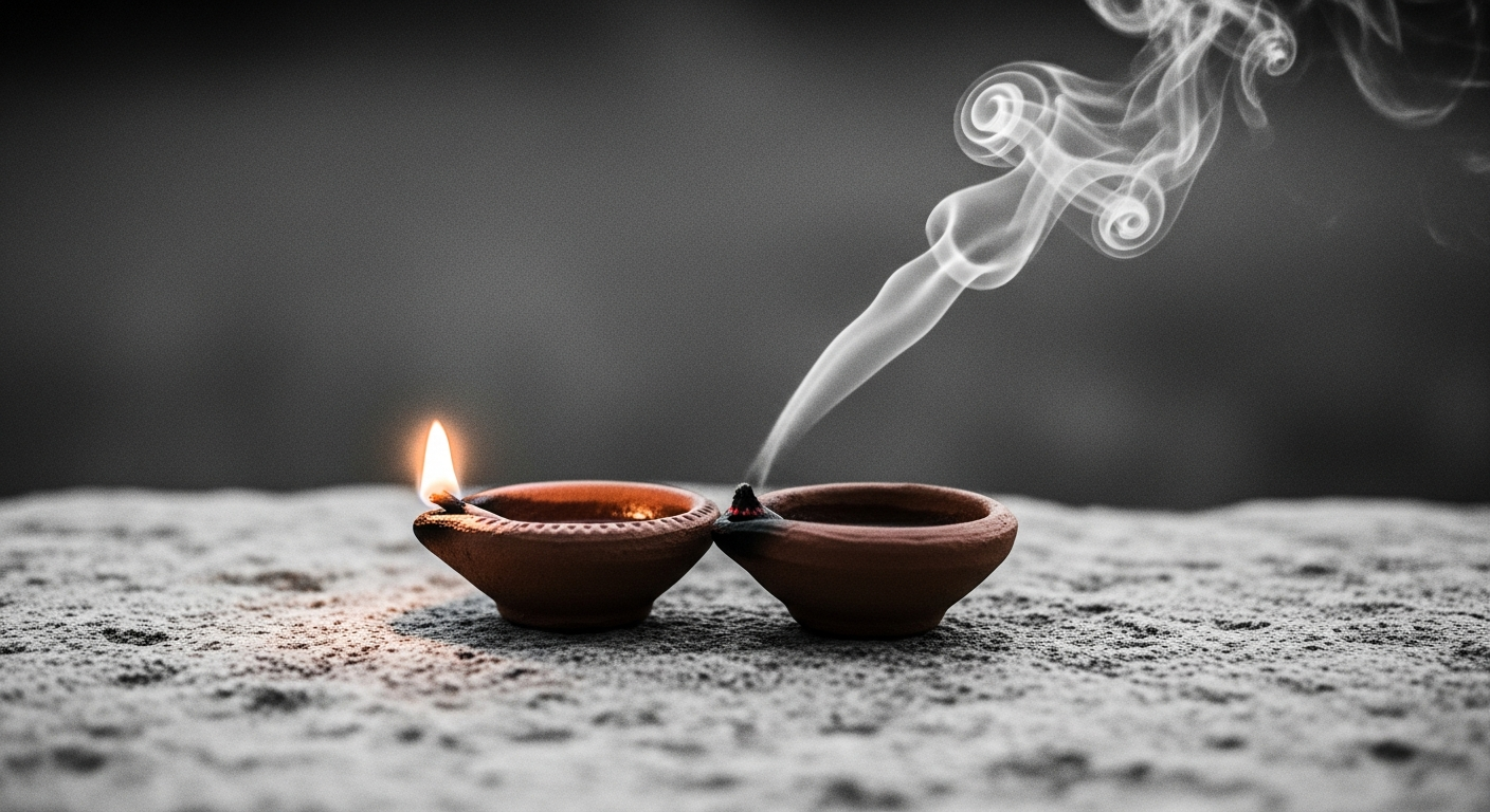 Two small oil lamps on a stone surface, one still burning and one just extinguished with its smoke rising, close together