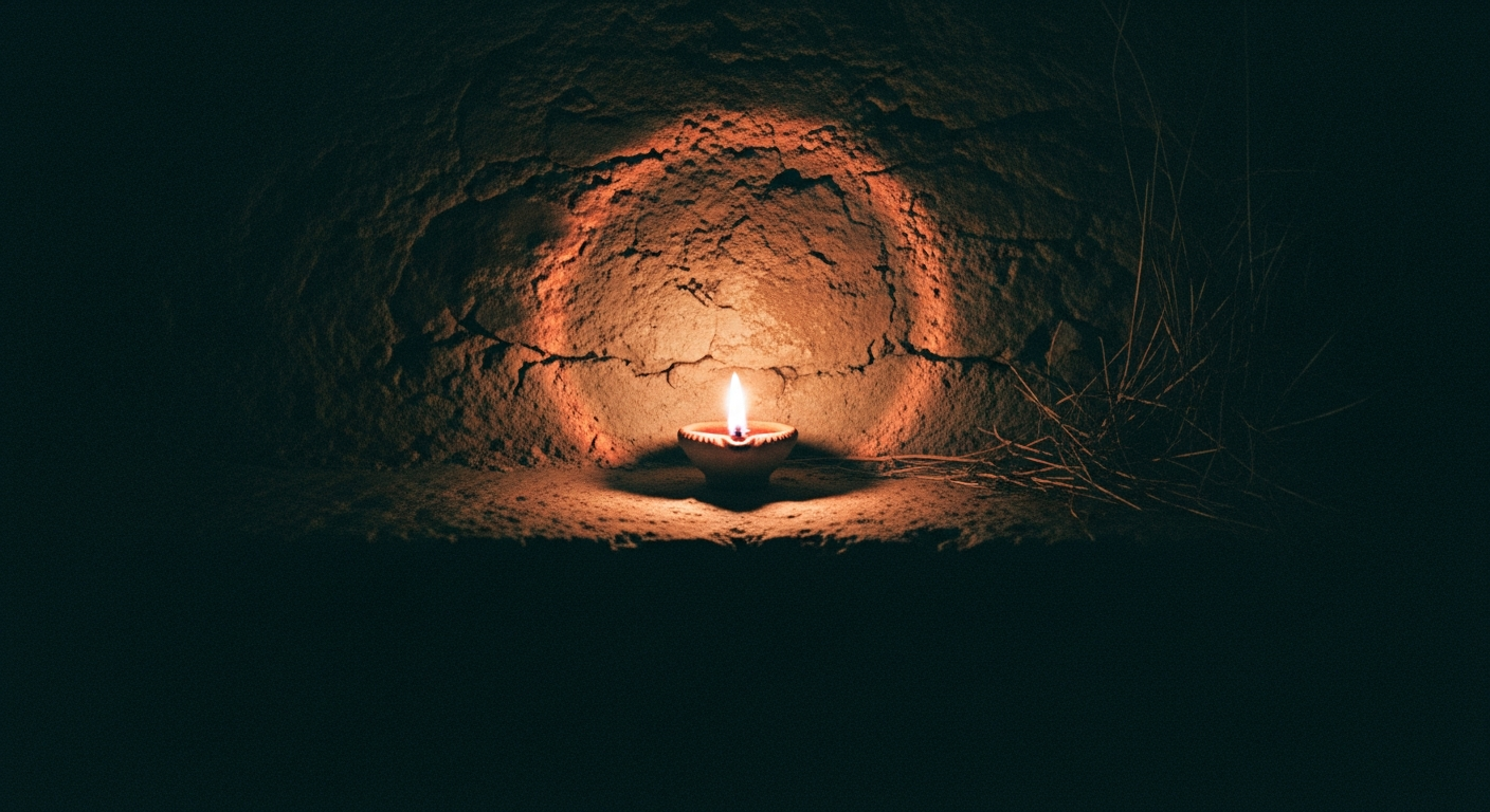 A small oil lamp on a raised stone ledge, its flame casting a warm circle of light on the wall behind it in darkness
