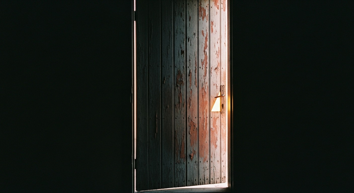 A partially open door revealing only a triangle of bright interior light, everything else in shadow