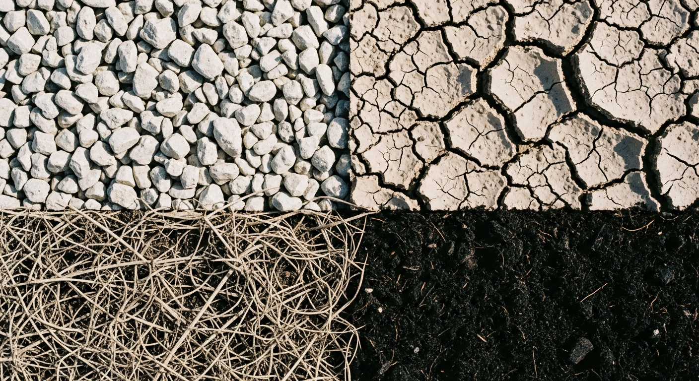 Four distinct soil textures shown side by side: rocky surface, dry cracked earth, thorny dry stems, and dark rich soil