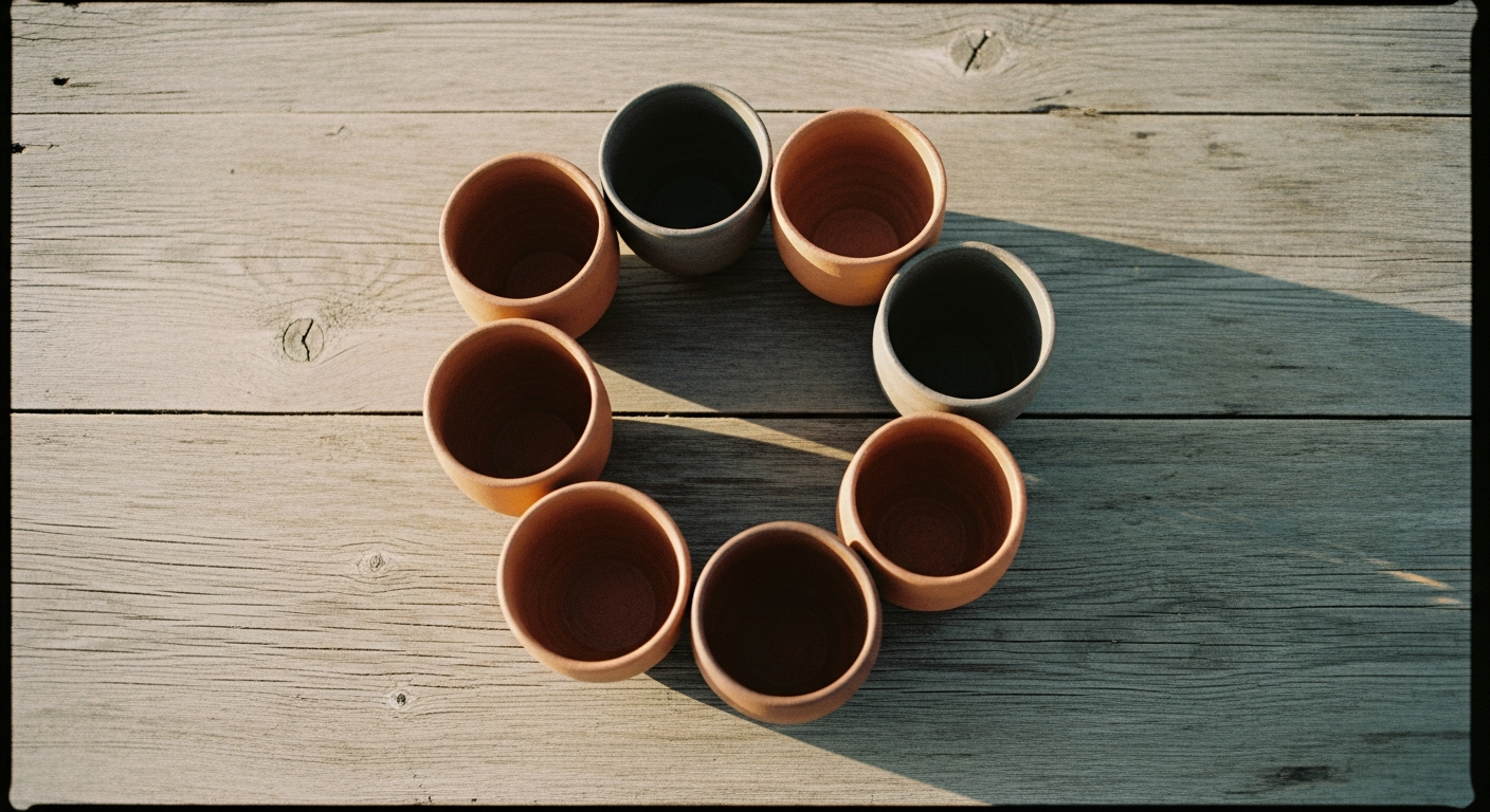 A circle of clay cups on a worn stone table, arranged as if placed around a center that is empty, warm morning light
