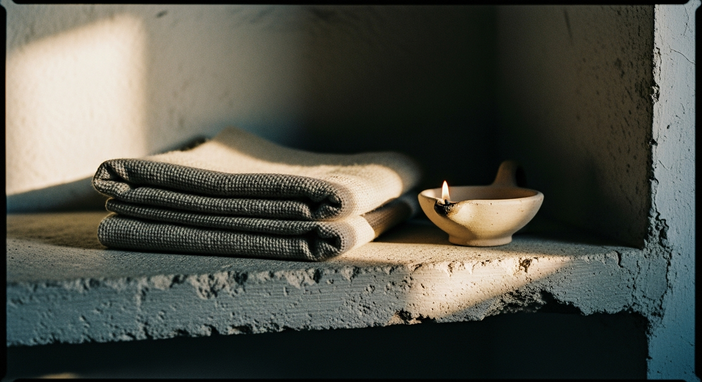 A woven linen cloth folded precisely on a worn stone shelf, a small clay oil lamp beside it, both in warm morning light