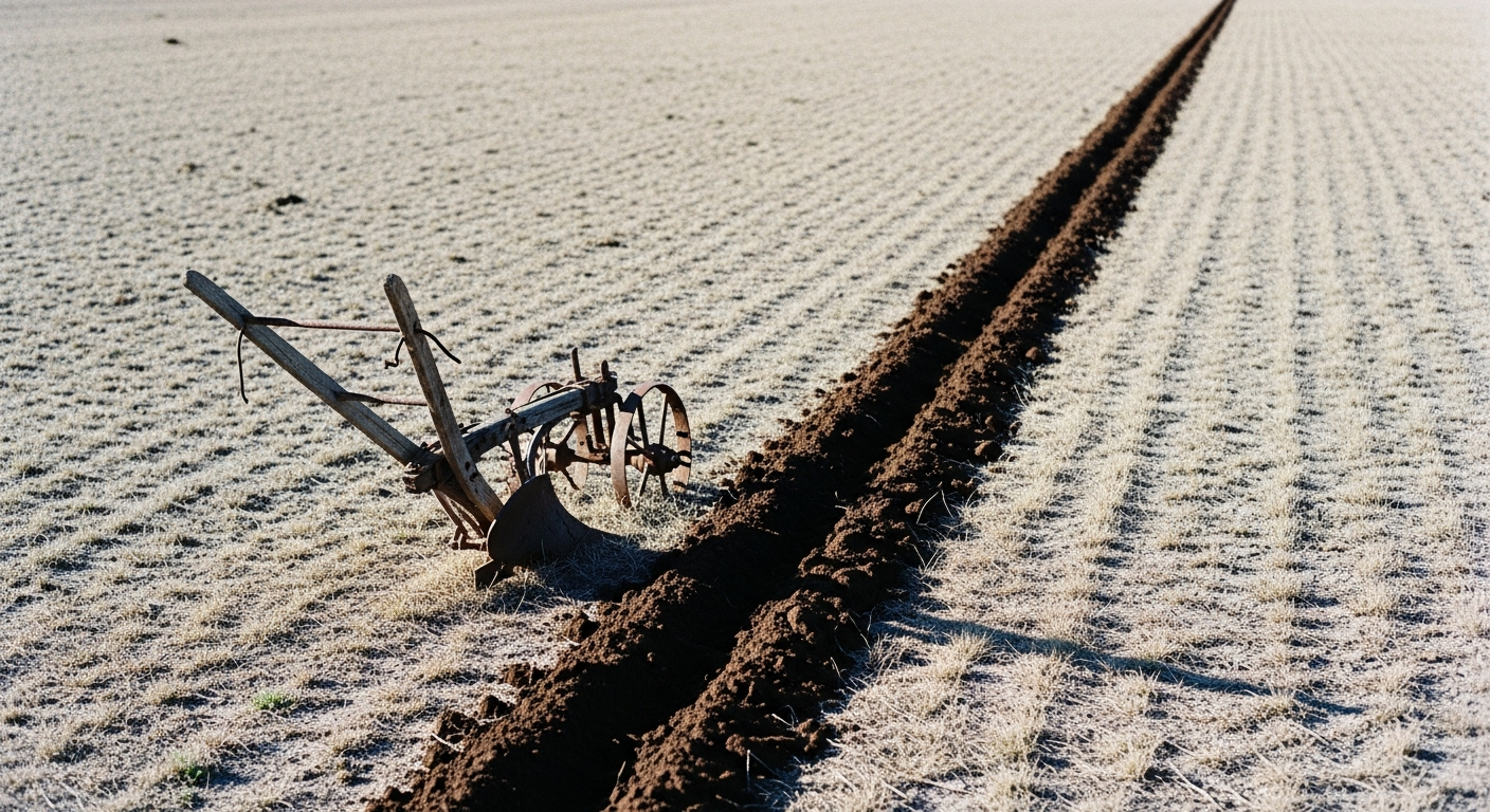 An old wooden plow abandoned in a dry field, half-turned furrow extending behind it and stopping abruptly