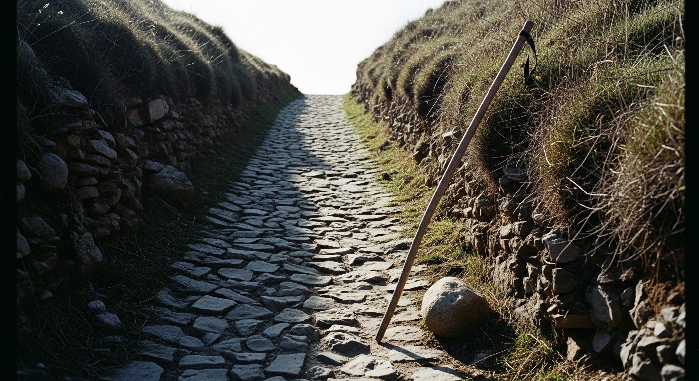A worn stone path going straight uphill toward a blank overexposed sky, a single load-bearing carrying pole abandoned at the side