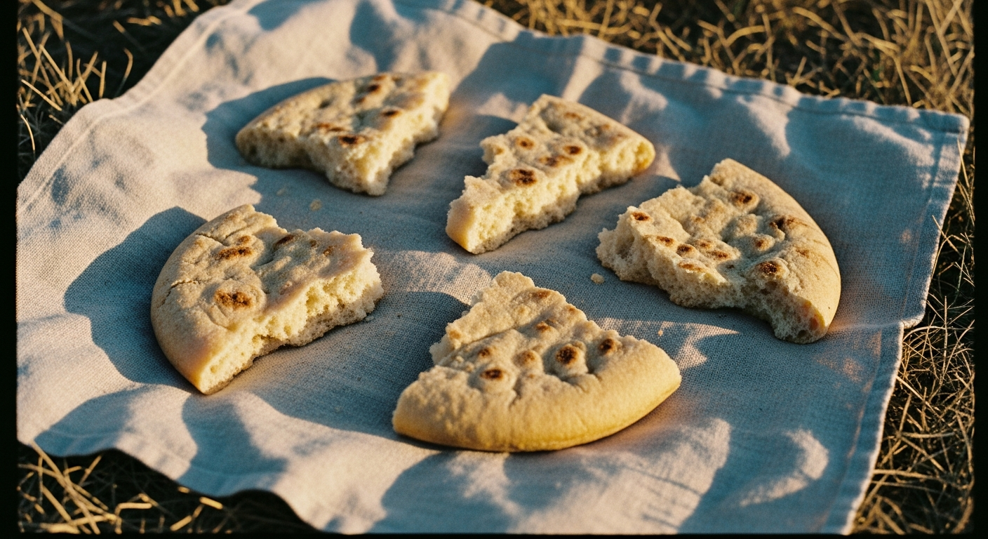 Rough flatbread torn in pieces on a linen cloth spread on dry grass, warm late afternoon light across the cloth