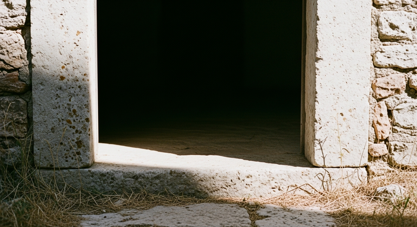 A small pair of worn child's sandals on a stone threshold, morning light coming from outside, the interior dark