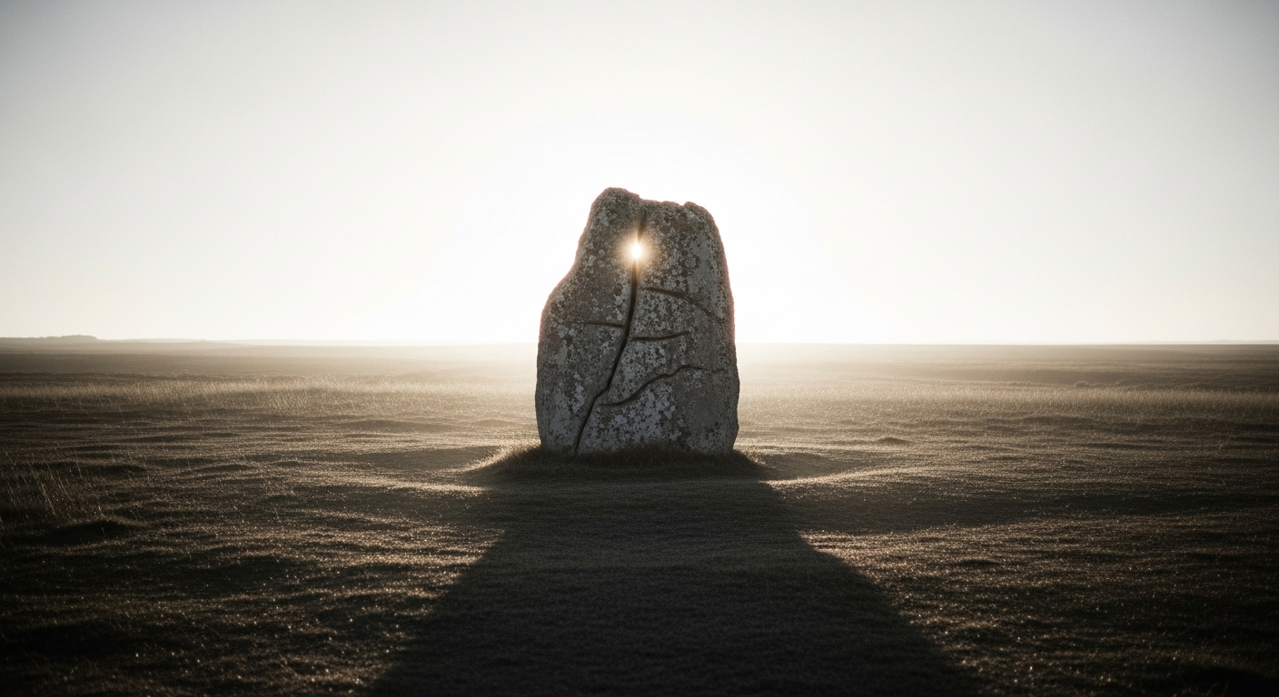 An isolated stone outcrop in an empty landscape catching full sunlight, everything around it in shadow