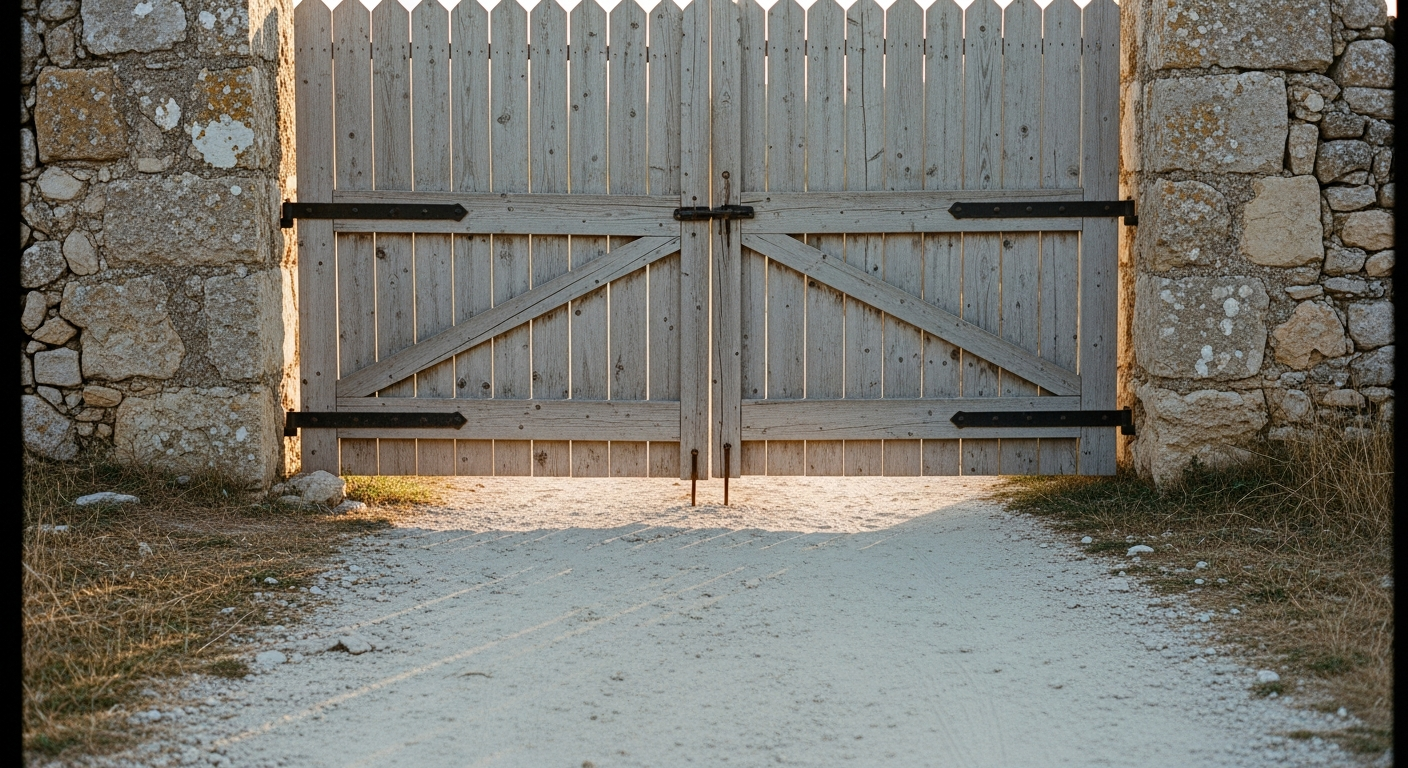 A closed heavy gate at the end of a path, the path's dust showing footprints leading to the gate and turning away