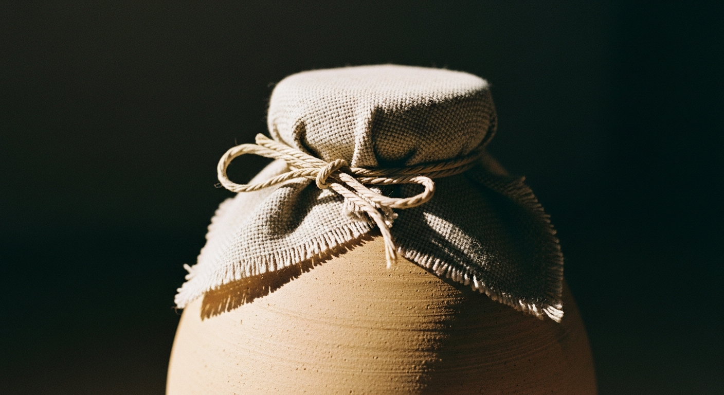 A sealed clay vessel with a cloth tied tightly around its neck, an unread message in a sealed container