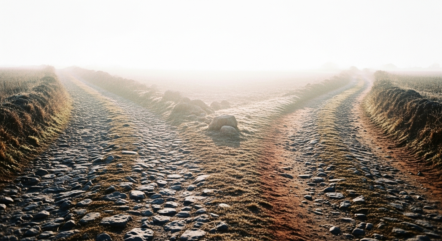 A dusty road at a fork, the path splitting into two directions, both receding into pale morning haze