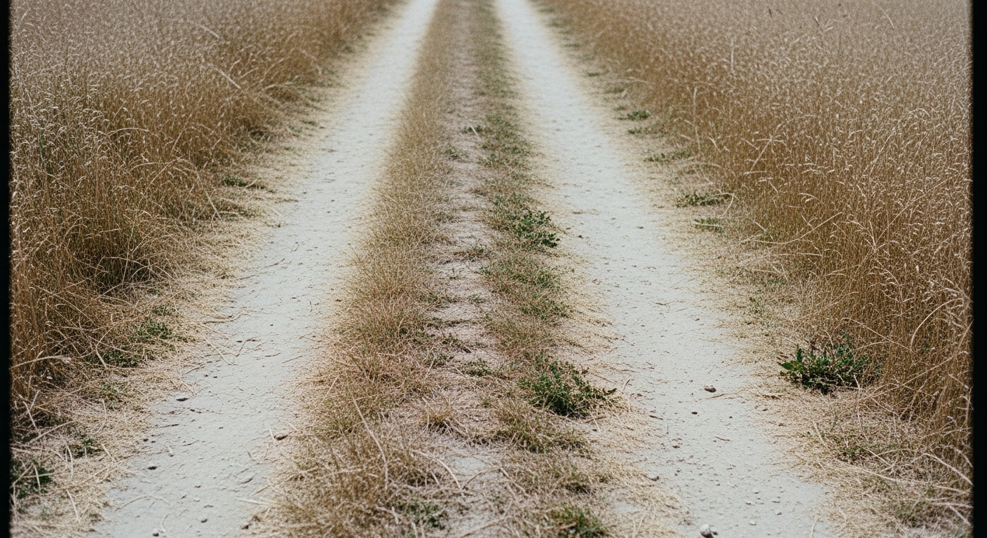 Two parallel paths on dry earth diverging slightly then running parallel, neither converging nor crossing
