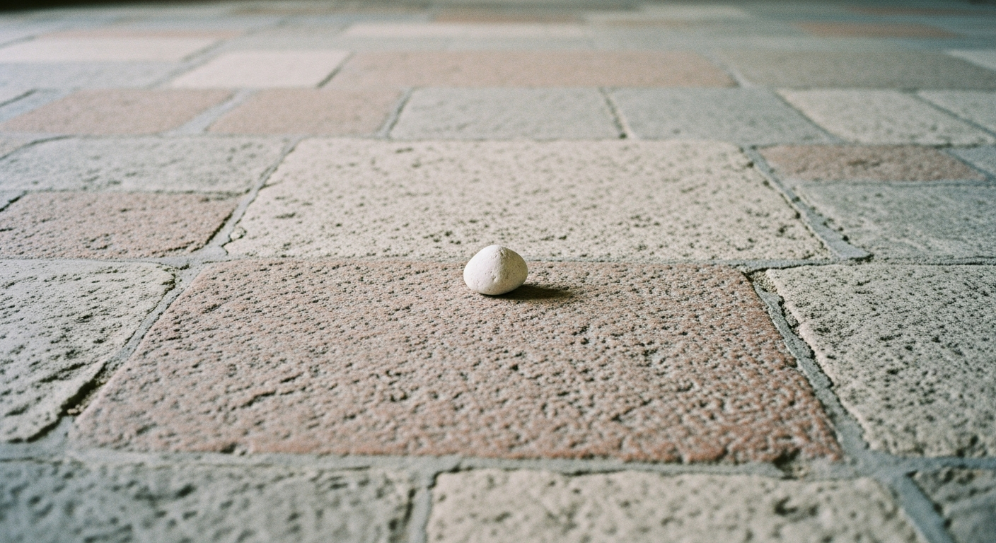 A small smooth stone in the exact center of a large empty stone floor, surrounded by vast negative space